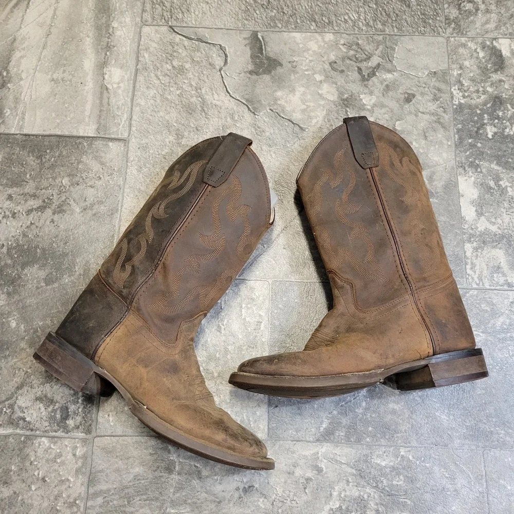 Western Cowboy Boots Brown Oiled Leather Distressed‎ Square Toe Kids 4D